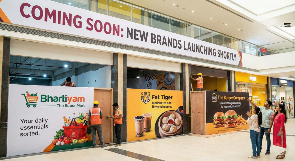 A photograph of mall storefronts with "Coming Soon" banners for "Bhartiyam - The Super Mart," "Fat Tiger," and "The Burger Company." Construction workers are visible, and people are looking at the banners.