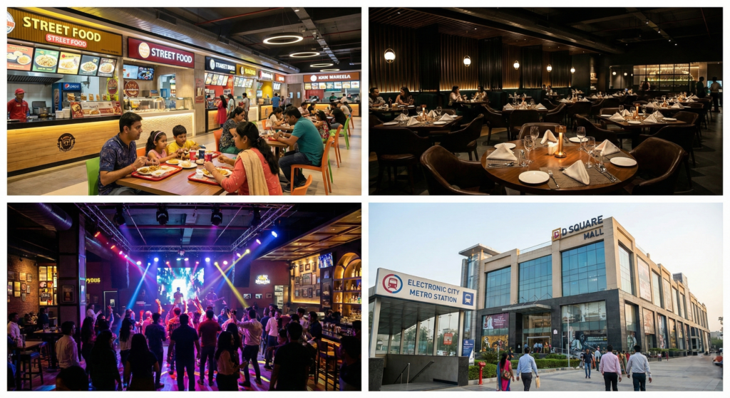 A collage showing a family eating at a street food court, a dimly lit fine dining restaurant, a lively club with a DJ and dancing crowd, and the mall exterior next to the metro station.
