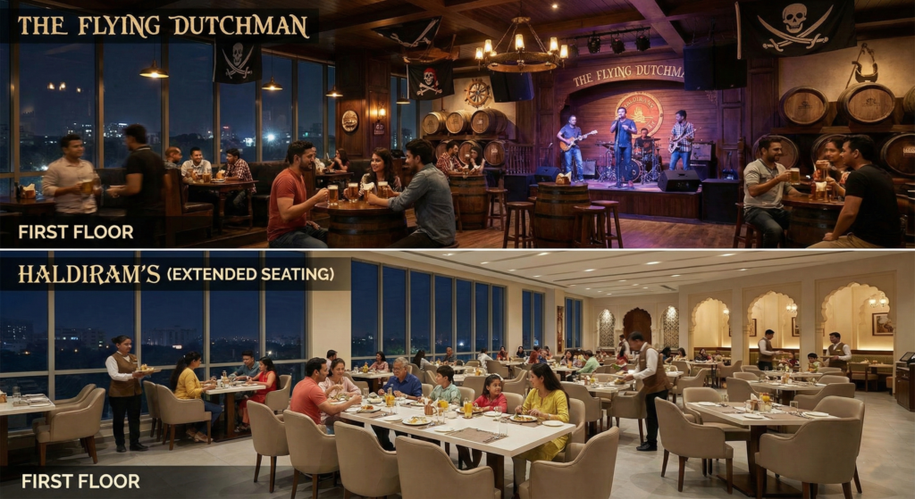 A split photograph of the First Floor. The top half shows The Flying Dutchman brewery with a band performing. The bottom half shows the spacious, modern Haldiram's extended seating area.