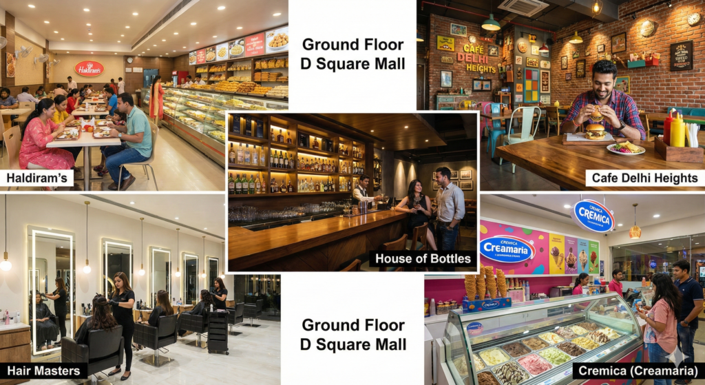 collage of five photos showing Haldiram's restaurant, Cafe Delhi Heights with a customer, House of Bottles bar, Hair Masters salon, and Cremica ice cream parlor.