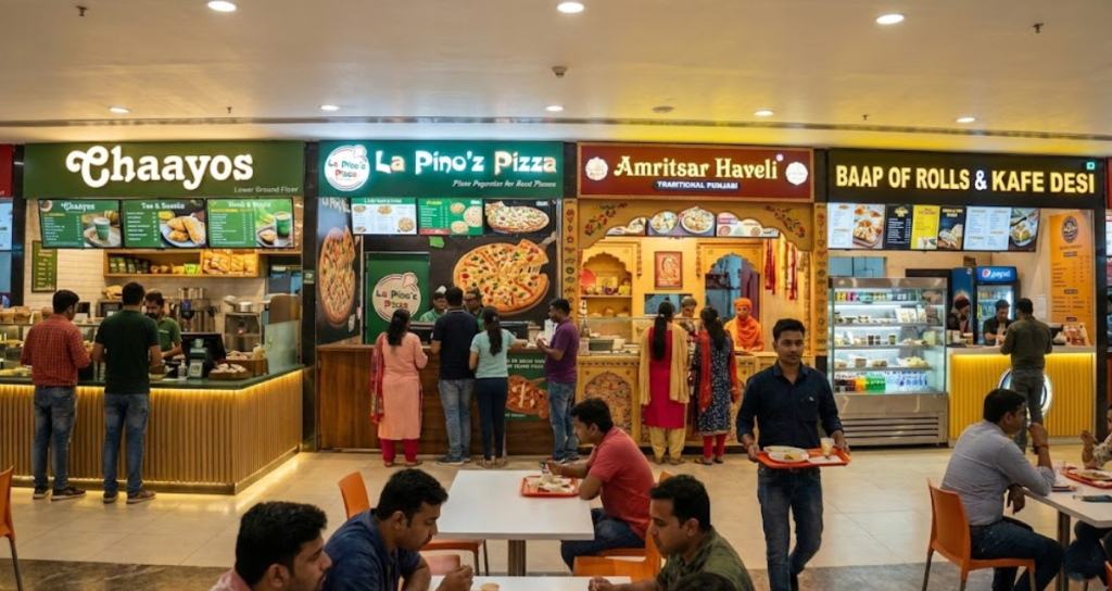 Wide-angle view of the food court on the lower ground floor of D Square Mall, showing counters for Chaayos, La Pino'z Pizza, Amritsar Haveli, and Baap of Rolls, with customers queuing and eating.