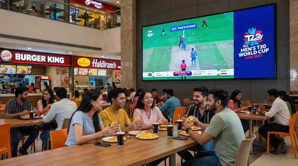 Friends enjoying burgers and drinks during the Live screening of the ICC Men's T20 World Cup.