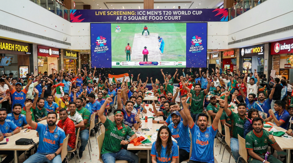 Fans cheering at the Live screening of the ICC Men's T20 World Cup at D Square Mall.