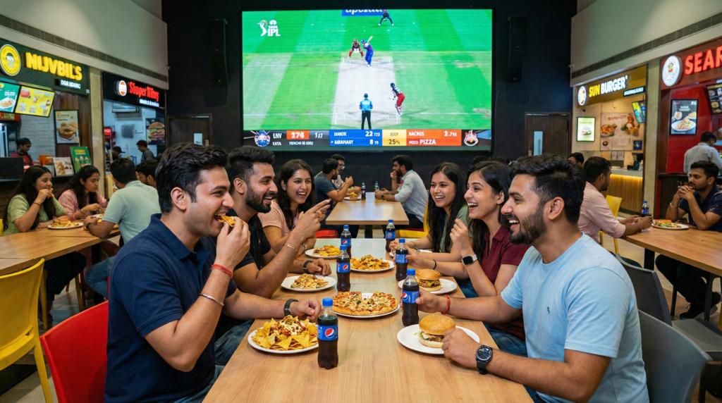 Fans enjoying snacks and drinks while watching the Live screening of Tata IPL in Noida.