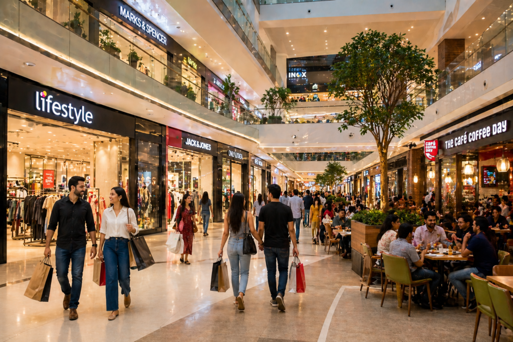 People enjoying indoor shopping and dining Noida at D Square Mall.
