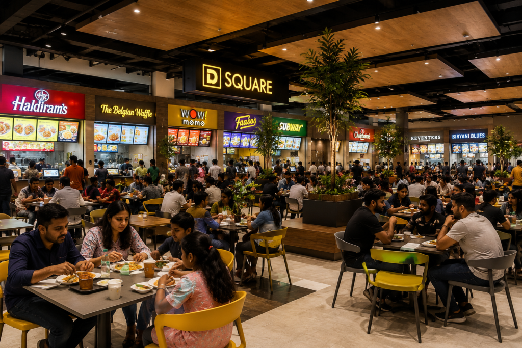 Happy visitors enjoying their meals at the indoor food court of D Square Mall.