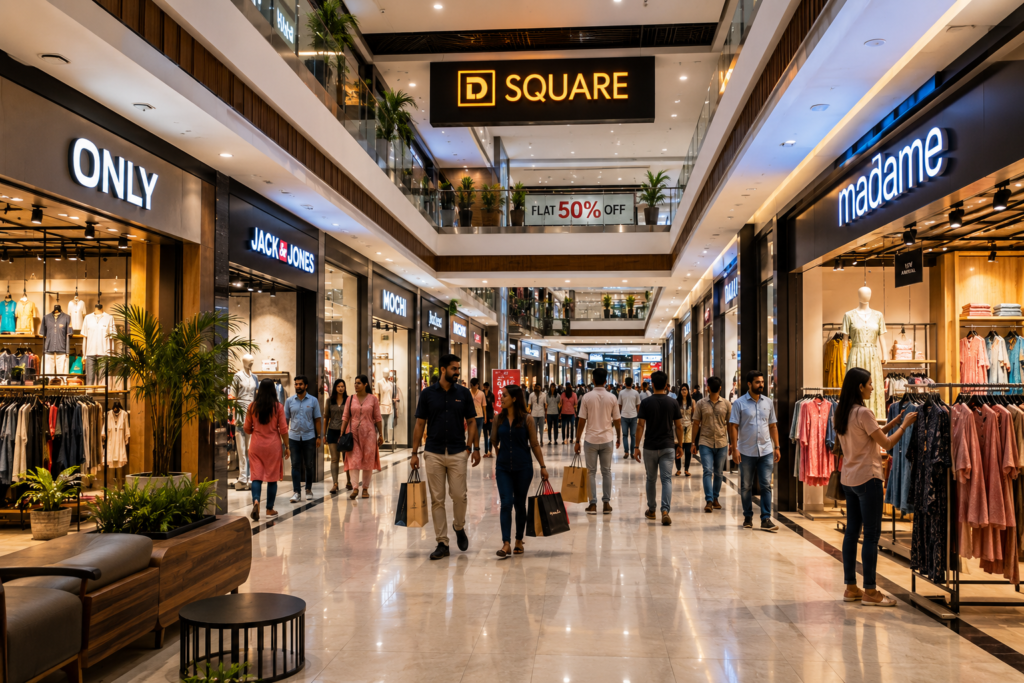 A bright, welcoming view of the retail stores inside D Square Mall.