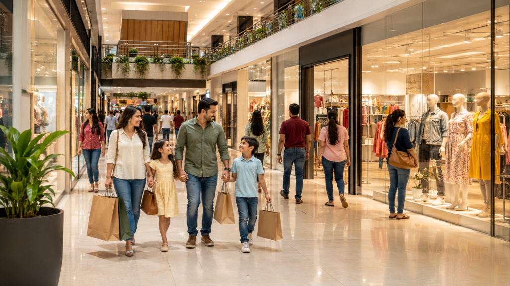 Happy families walking inside the best family mall in Noida.