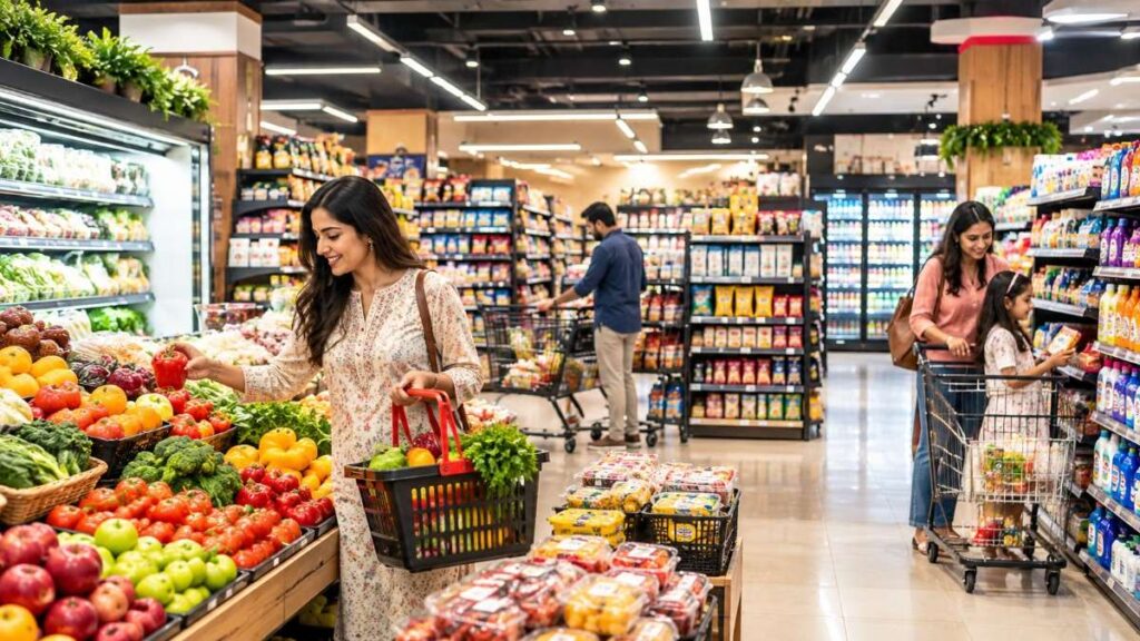 Customers buying fresh items at the supermarket in Sector 63 Noida.