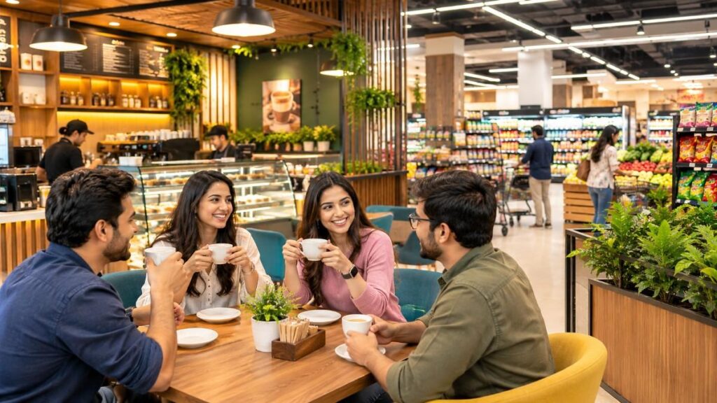 People drinking coffee near the supermarket in Sector 63 Noida.