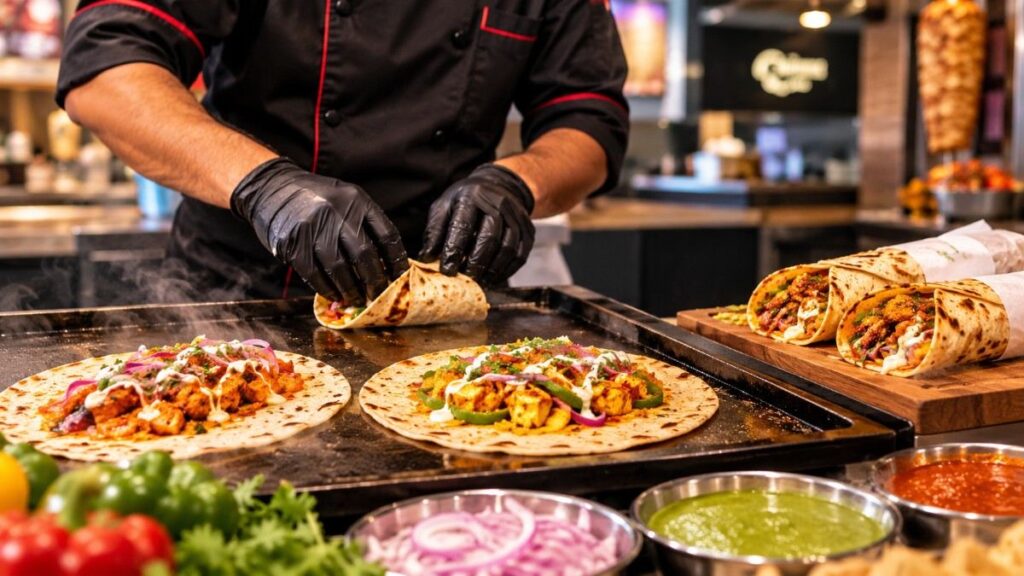 Enjoy spicy, loaded, and freshly prepared kathi wraps at D Square.