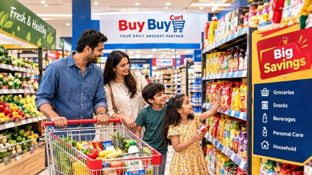 Shoppers saving money at the discount grocery store in Sector 63 Noida